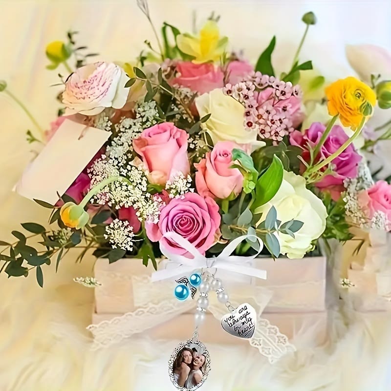 Portachiavi con foto e testo personalizzati, ciondolo con bouquet da sposa