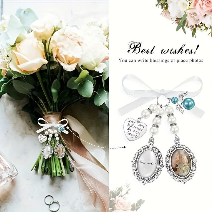 Portachiavi con foto e testo personalizzati, ciondolo con bouquet da sposa
