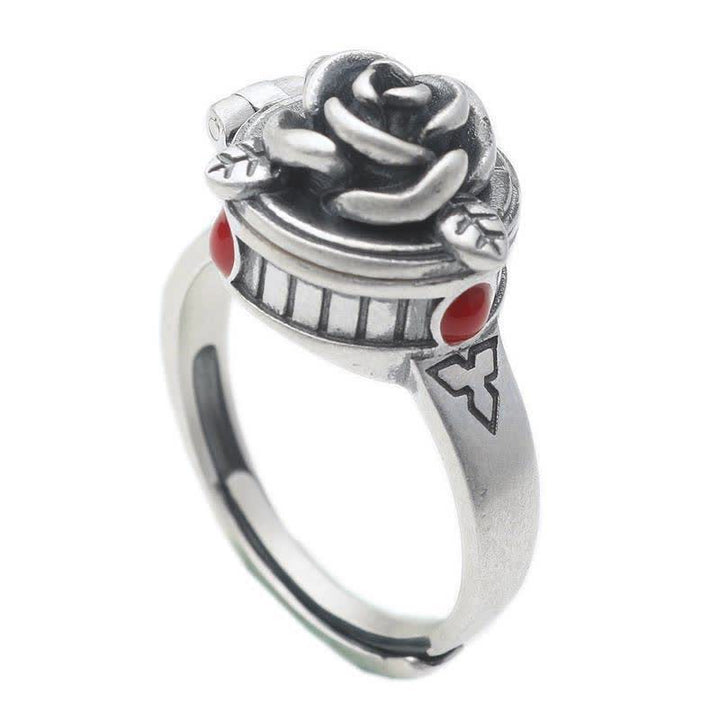 Anello regolabile con fiore rosa e scomparto nascosto