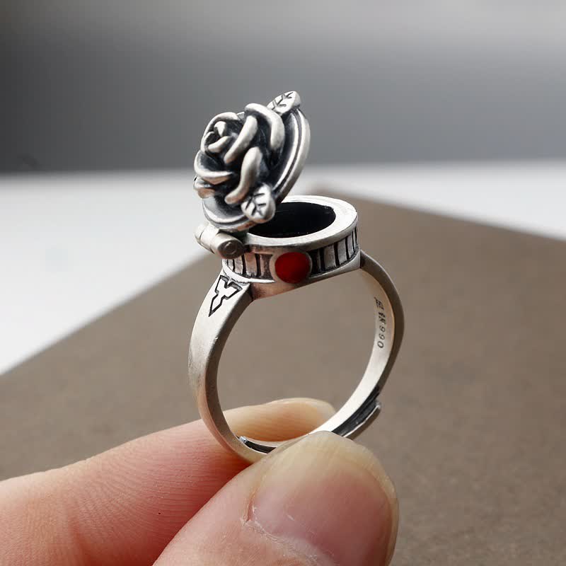 Anello regolabile con fiore di rosa e scomparto nascosto - Argento - image 0