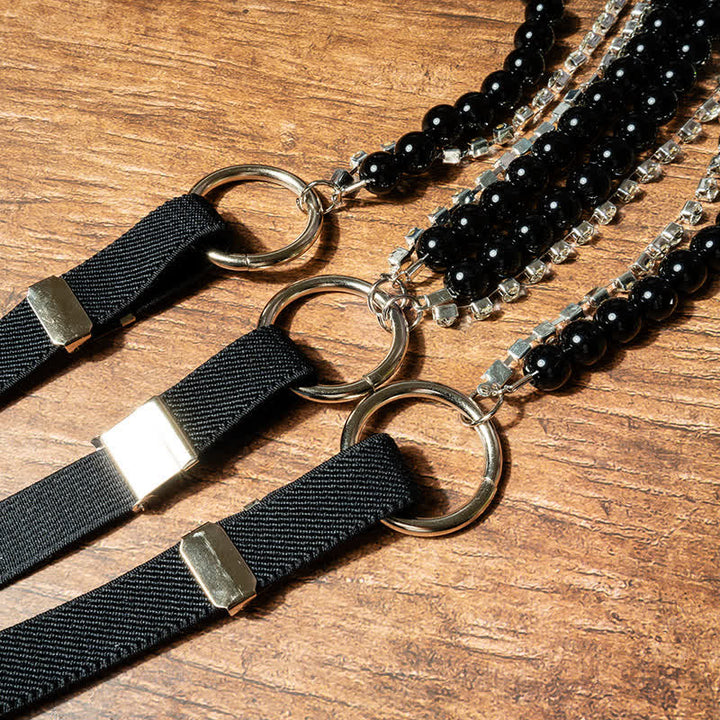 Bretelle elastiche con catena di perle finte nere alla moda da donna - image 3