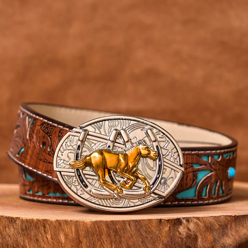 Cintura in pelle con fibbia western fai da te a forma di U con coltello nascosto a forma di cavallo