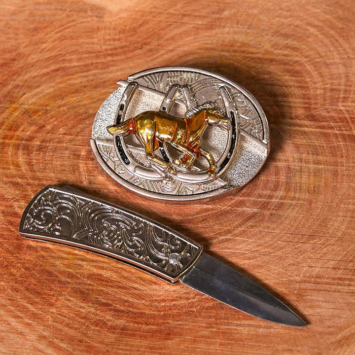 Cintura in pelle con fibbia western fai da te a forma di U con coltello nascosto a forma di cavallo