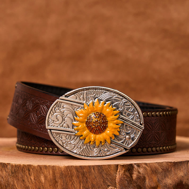 Cintura in pelle con fibbia western fai da te con coltello nascosto a forma di girasole colorato da uomo (in pre-vendita)