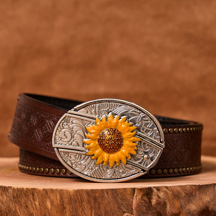 Cintura in pelle con fibbia western fai da te con coltello nascosto a forma di girasole colorato da uomo (in pre-vendita)