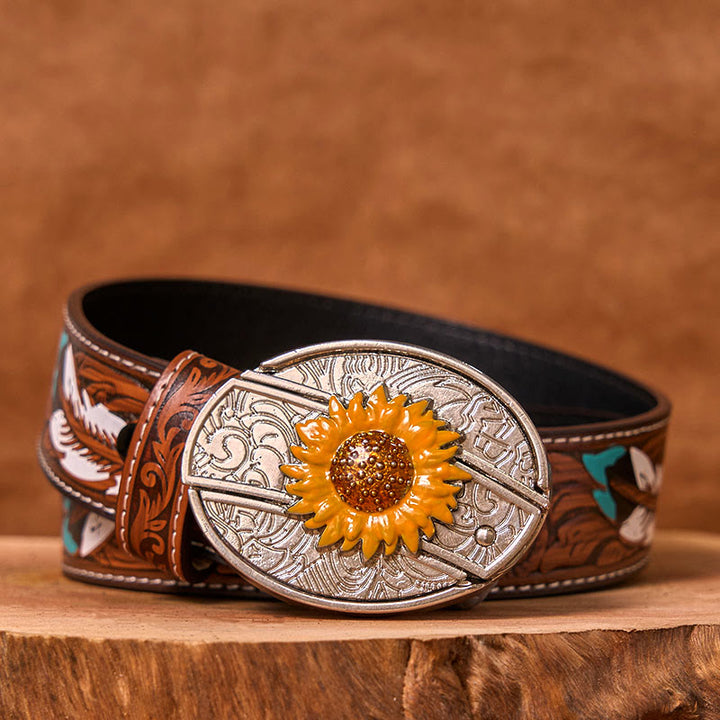 Cintura in pelle con fibbia western fai da te con coltello nascosto a forma di girasole colorato da uomo (in pre-vendita)