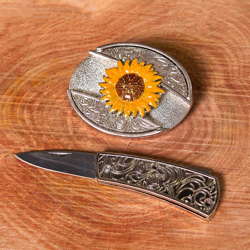 Cintura in pelle con fibbia western fai da te con coltello nascosto a forma di girasole colorato da uomo (in pre-vendita)
