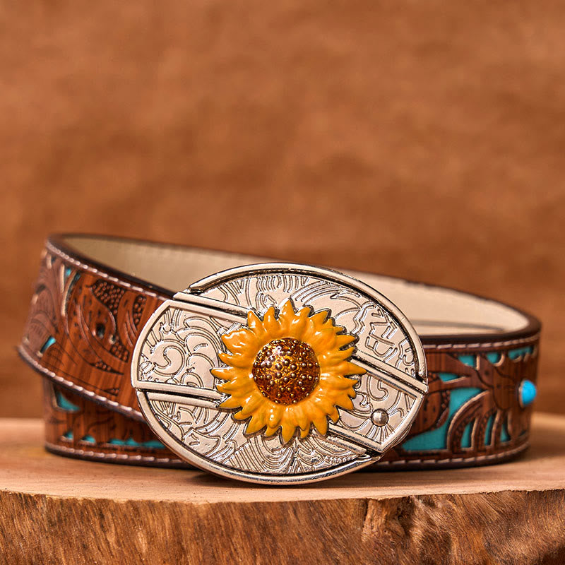 Cintura in pelle con fibbia western fai da te con coltello nascosto a forma di girasole colorato da uomo (in pre-vendita)