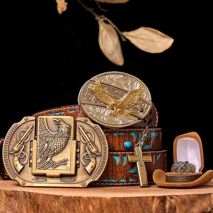 Set di fibbia per cintura fai da te Flying Eagle con coltello nascosto e anello a forma di gufo - Aquila volante - Cintura intagliata turchese - 42 - image 4