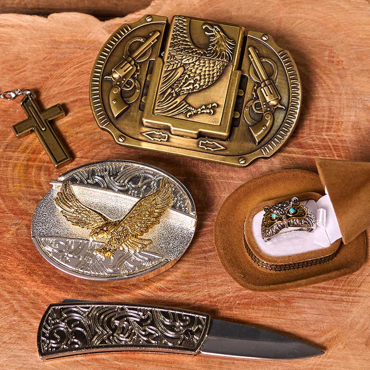 Set di fibbia per cintura fai da te Flying Eagle con coltello nascosto e anello a forma di gufo