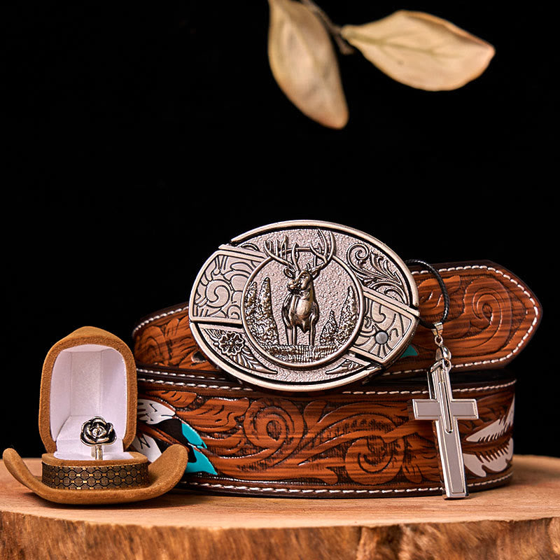 Fibbia per cintura fai da te con coltello nascosto a forma di cervo nella foresta con anello a forma di rosa - Cervo della foresta - Cintura di piume marroni - 40 - image 0