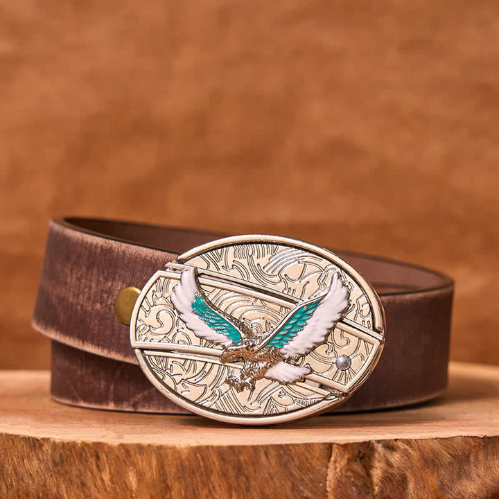 Cintura in pelle fai da te da uomo con coltello pieghevole nascosto Flying Eagle blu e bianco - Aquila colorata - Cintura marrone anticata - 42 - image 6