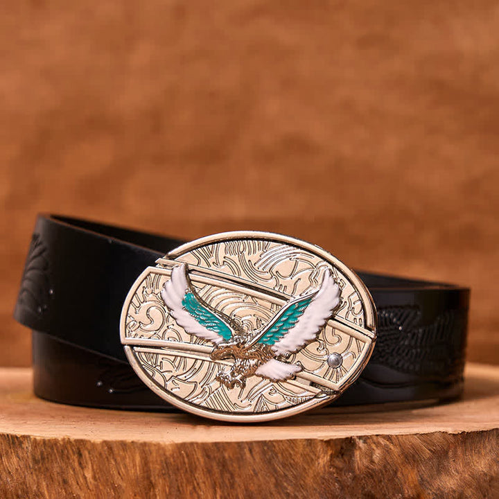 Cintura in pelle fai da te da uomo con coltello pieghevole nascosto Flying Eagle blu e bianco - Aquila colorata - Cintura con aquila in rilievo nera - 42 - image 3