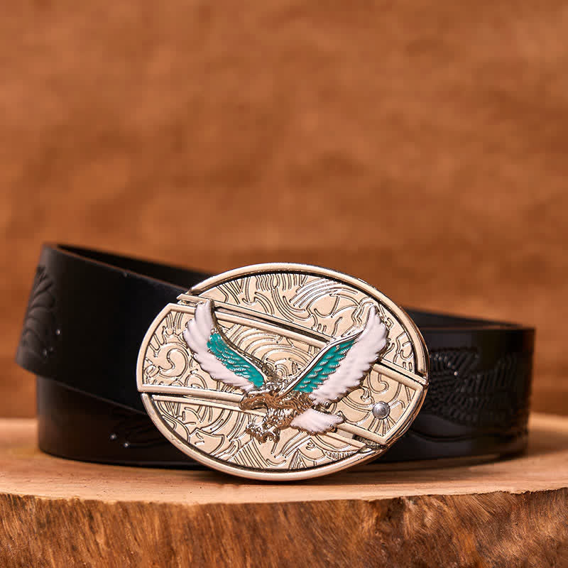 Cintura in pelle fai da te da uomo con coltello pieghevole nascosto Flying Eagle blu e bianco - Aquila colorata - Cintura con aquila in rilievo nera - 42 - image 3