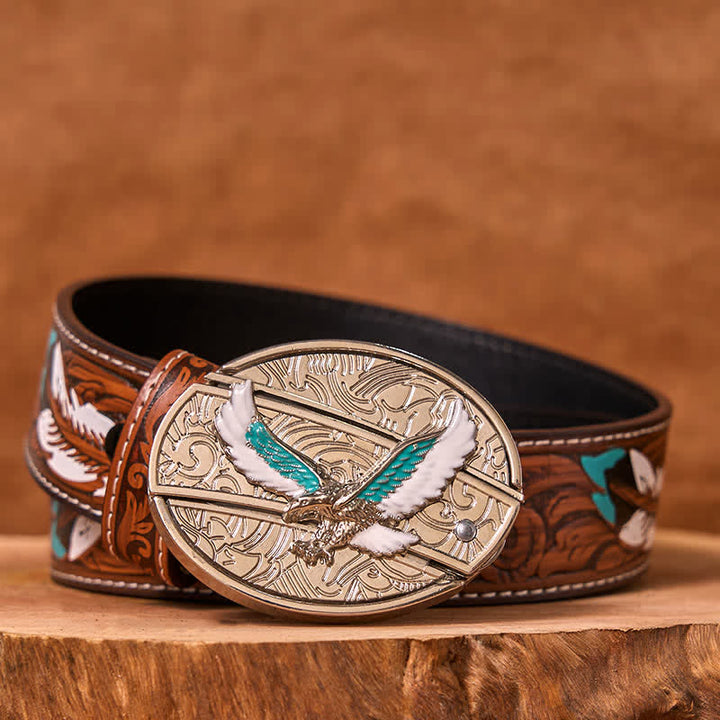 Cintura in pelle fai da te da uomo con coltello pieghevole nascosto Flying Eagle blu e bianco - Aquila colorata - Cintura di piume marroni - 40 - image 8