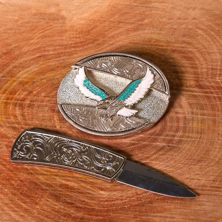 Cintura in pelle fai da te da uomo con coltello pieghevole nascosto Flying Eagle blu e bianco - image 2