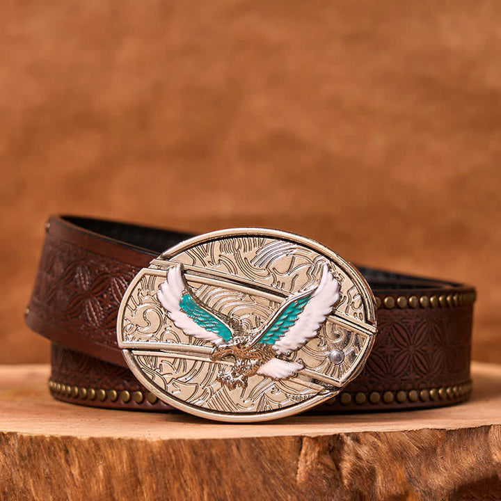 Cintura in pelle fai da te da uomo con coltello pieghevole nascosto Flying Eagle blu e bianco - Aquila colorata - Cintura con rivetti marroni - 42 - image 5