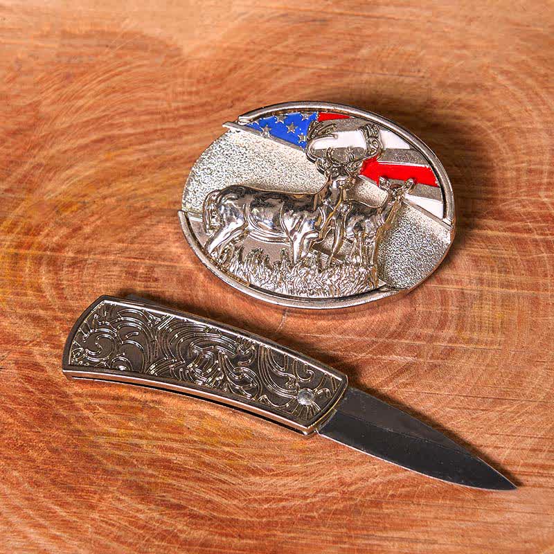 Cintura in pelle fai da te con bandiera USA smaltata e coltello pieghevole nascosto a forma di cervo (in prevendita)