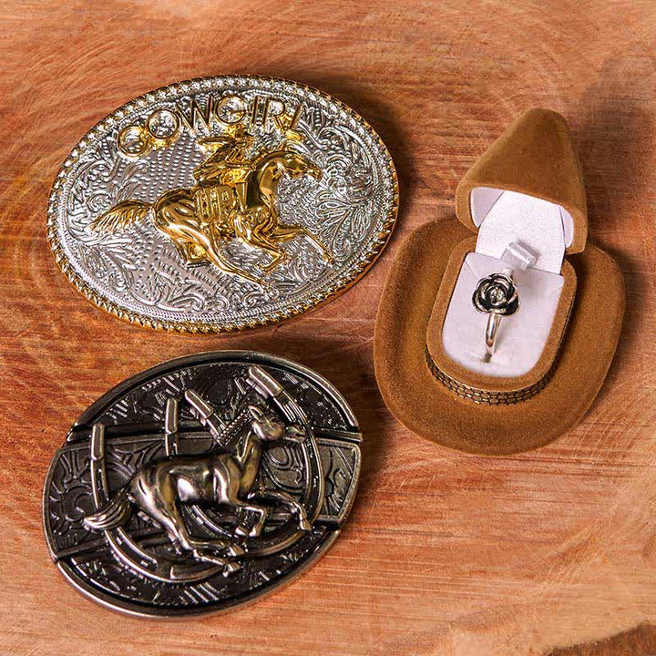 Set di anelli con fibbia per cintura con rosa intrecciata, fai da te, a forma di cavallo da corsa e coltello nascosto