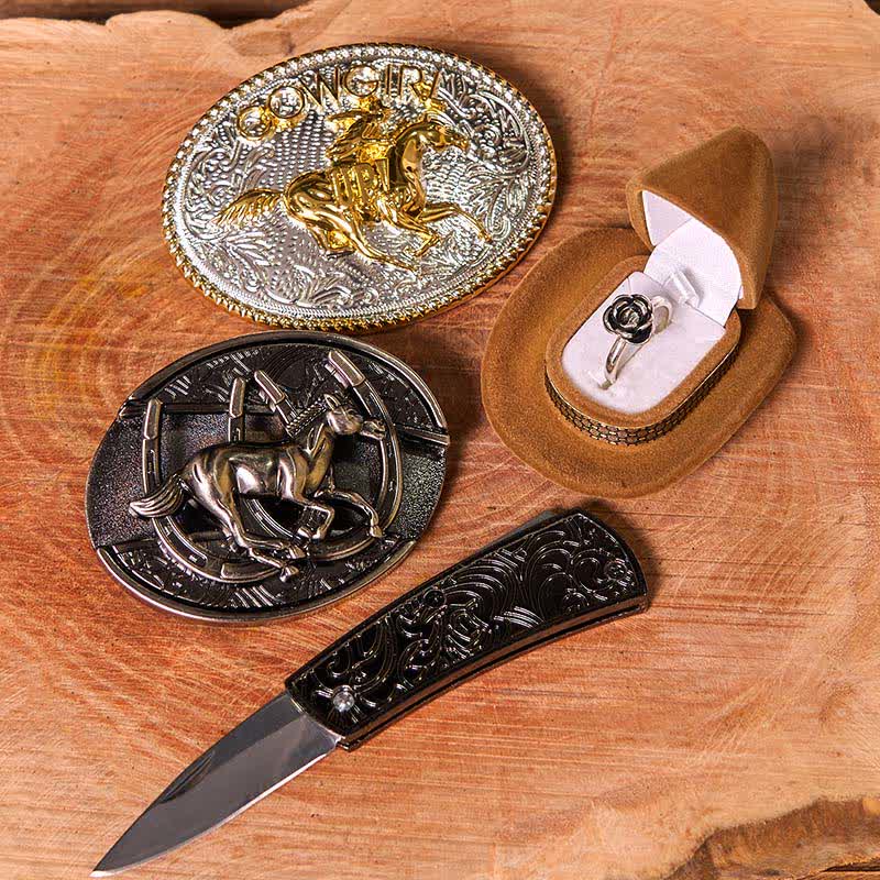Set di anelli con fibbia per cintura con rosa intrecciata, fai da te, a forma di cavallo da corsa e coltello nascosto
