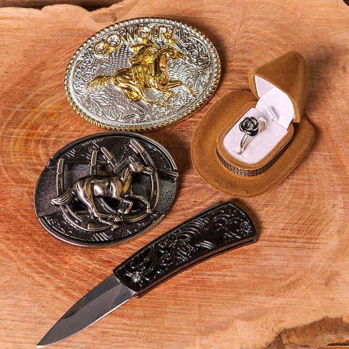 Set di anelli con fibbia per cintura con rosa intrecciata, fai da te, a forma di cavallo da corsa e coltello nascosto