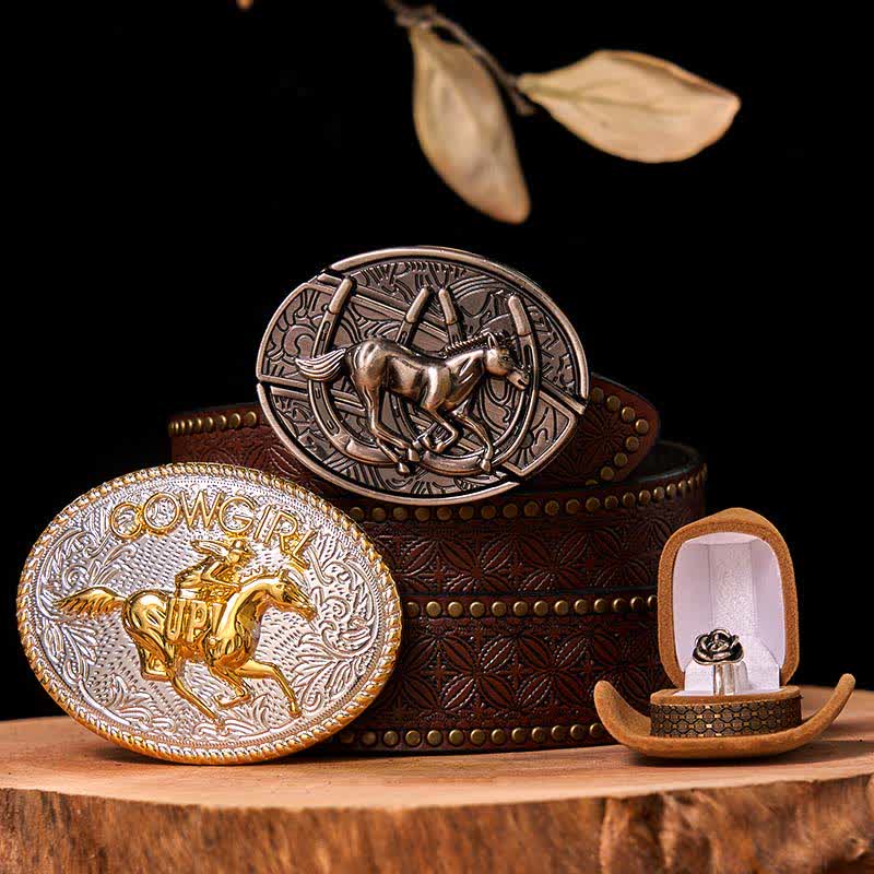 Set di anelli con fibbia per cintura con rosa intrecciata, fai da te, a forma di cavallo da corsa e coltello nascosto