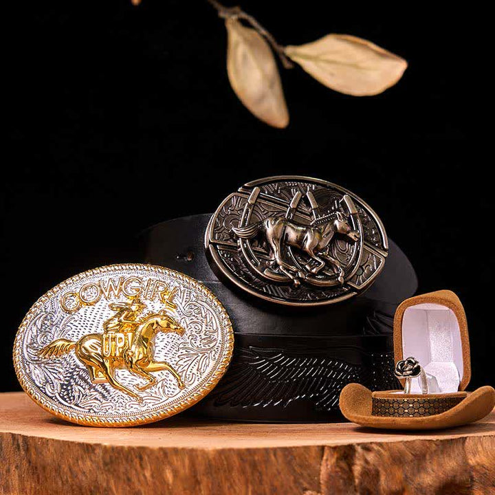 Set di anelli con fibbia per cintura con rosa intrecciata, fai da te, a forma di cavallo da corsa e coltello nascosto