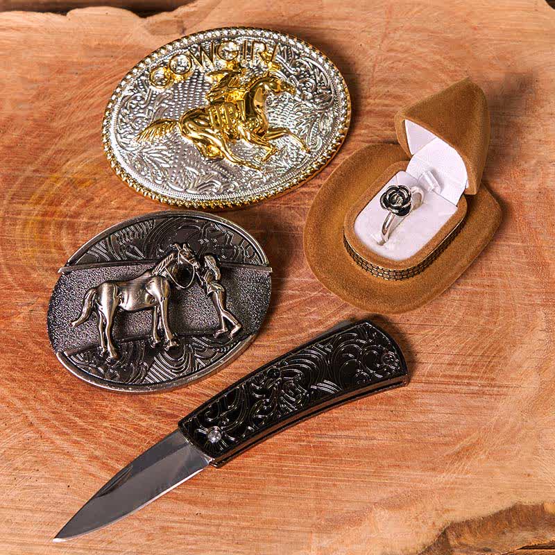 Set di anelli con fibbia per cintura con rosa intrecciata, stile western da cowgirl, con coltello nascosto