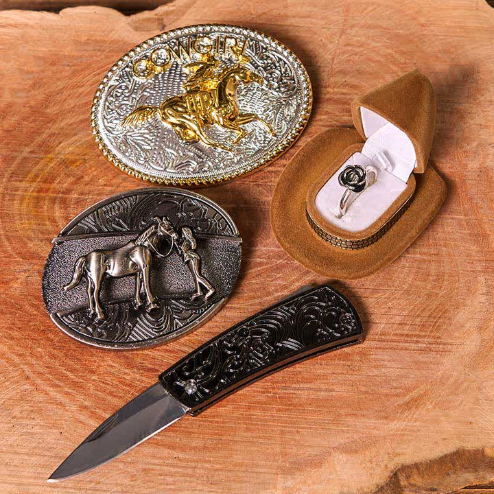 Set di anelli con fibbia per cintura con rosa intrecciata, stile western da cowgirl, con coltello nascosto