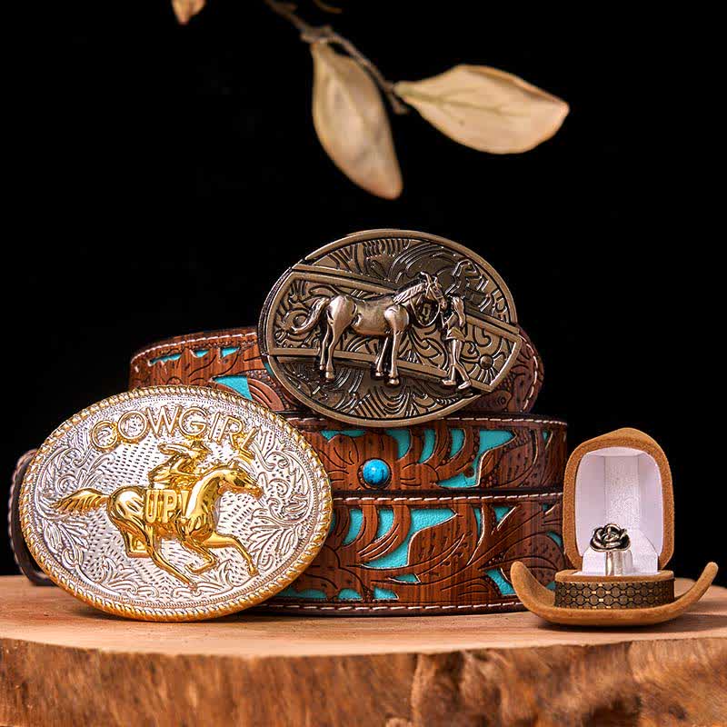 Set di anelli con fibbia per cintura con rosa intrecciata, stile western da cowgirl, con coltello nascosto