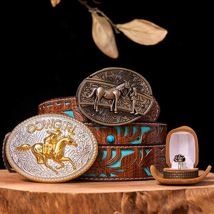 Set di anelli con fibbia per cintura con rosa intrecciata, stile western da cowgirl, con coltello nascosto