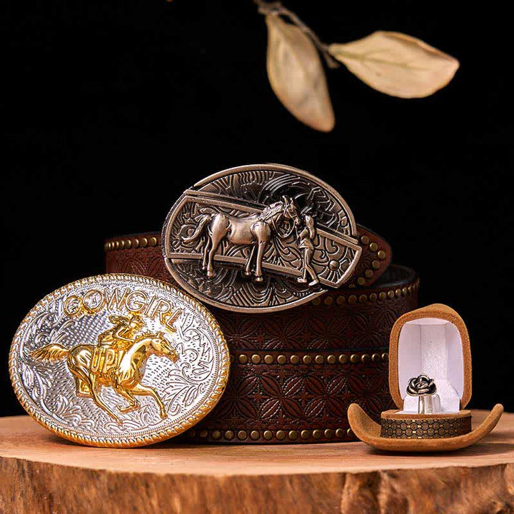Set di anelli con fibbia per cintura con rosa intrecciata, stile western da cowgirl, con coltello nascosto