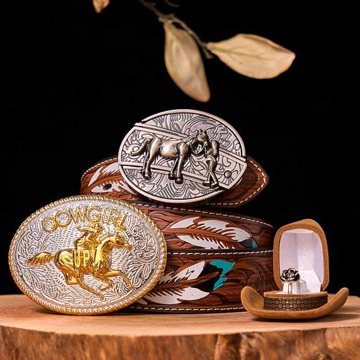 Set di anelli con fibbia per cintura con rosa intrecciata, stile western da cowgirl, con coltello nascosto