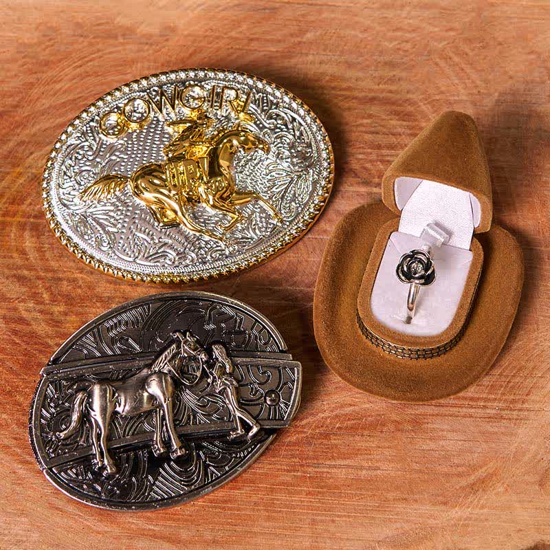 Set di anelli con fibbia per cintura con rosa intrecciata, stile western da cowgirl, con coltello nascosto