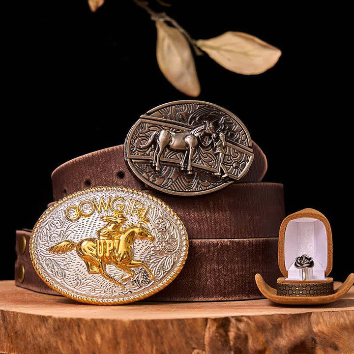 Set di anelli con fibbia per cintura con rosa intrecciata, stile western da cowgirl, con coltello nascosto