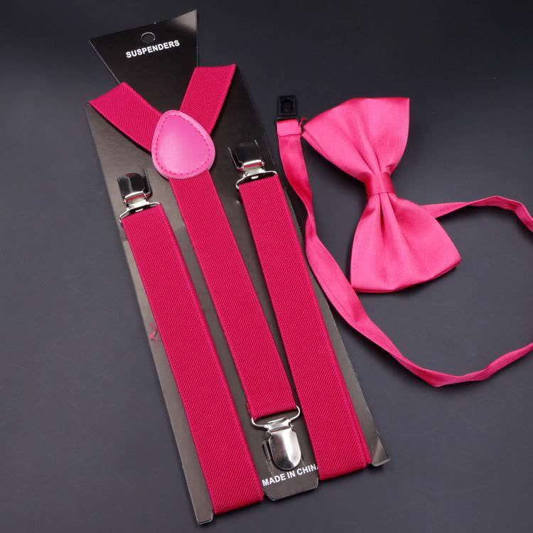 2 pezzi papillon tinta unita 3 clip set bretelle regolabili - Rosa caldo - image 11
