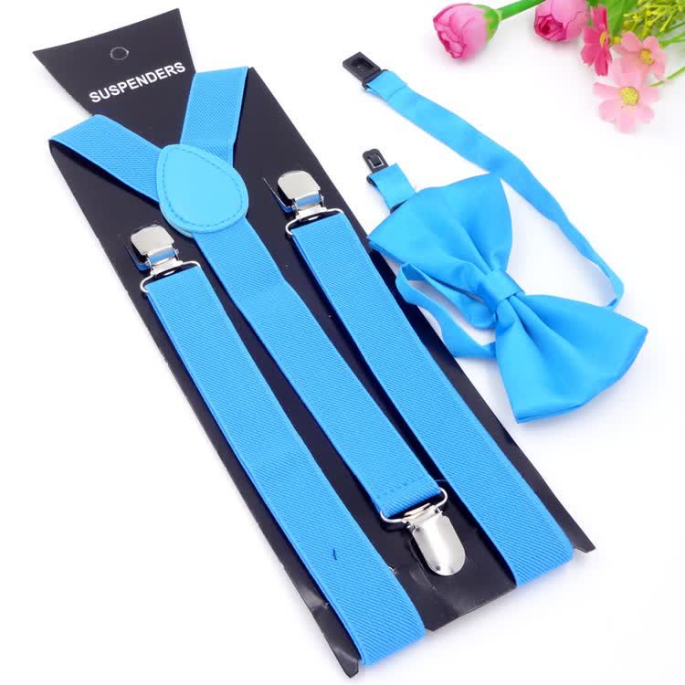 2 pezzi papillon tinta unita 3 clip set bretelle regolabili - Azzurro cielo - image 10