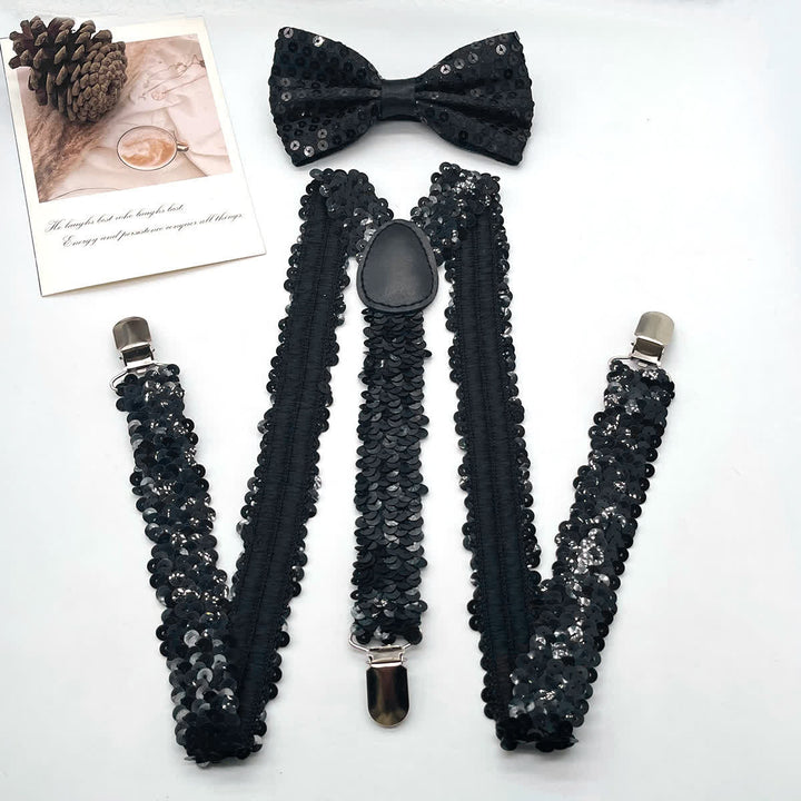2 pezzi divertenti papillon con paillettes per feste, set di bretelle regolabili con 3 clip