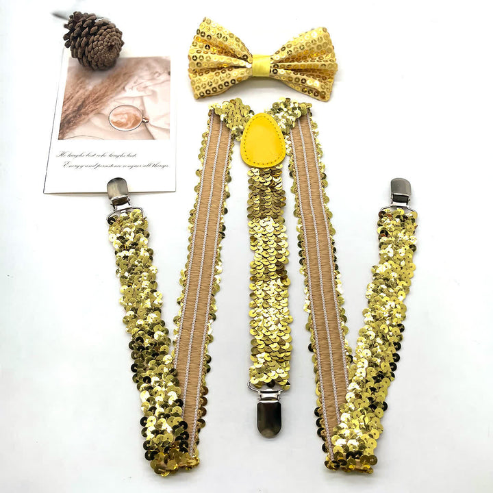 2 pezzi divertenti papillon con paillettes per feste, set di bretelle regolabili con 3 clip