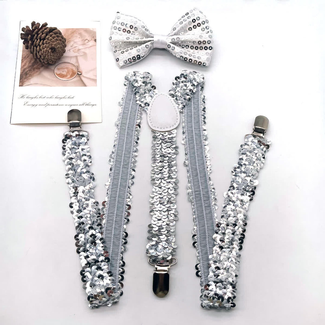 2 pezzi divertenti papillon con paillettes per feste, set di bretelle regolabili con 3 clip - Bianco - image 0