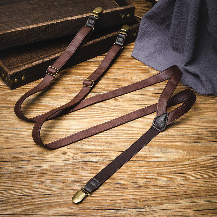 Bretelle regolabili in pelle vintage marrone scuro
