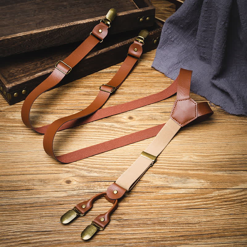Bretelle elastiche regolabili in pelle stile retrò marrone