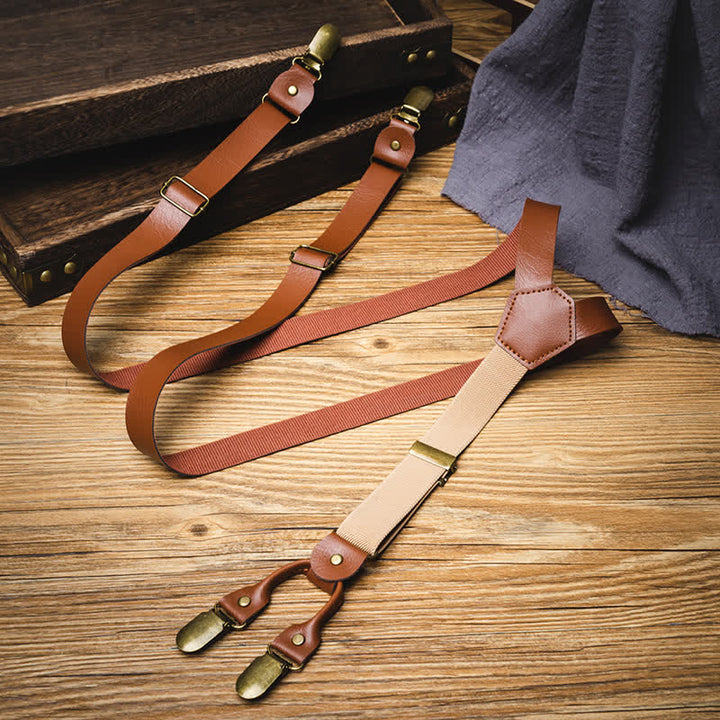 Bretelle elastiche regolabili in pelle stile retrò marrone