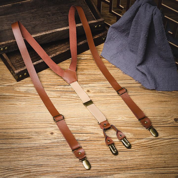 Bretelle elastiche regolabili in pelle stile retrò marrone - Marrone - image 0