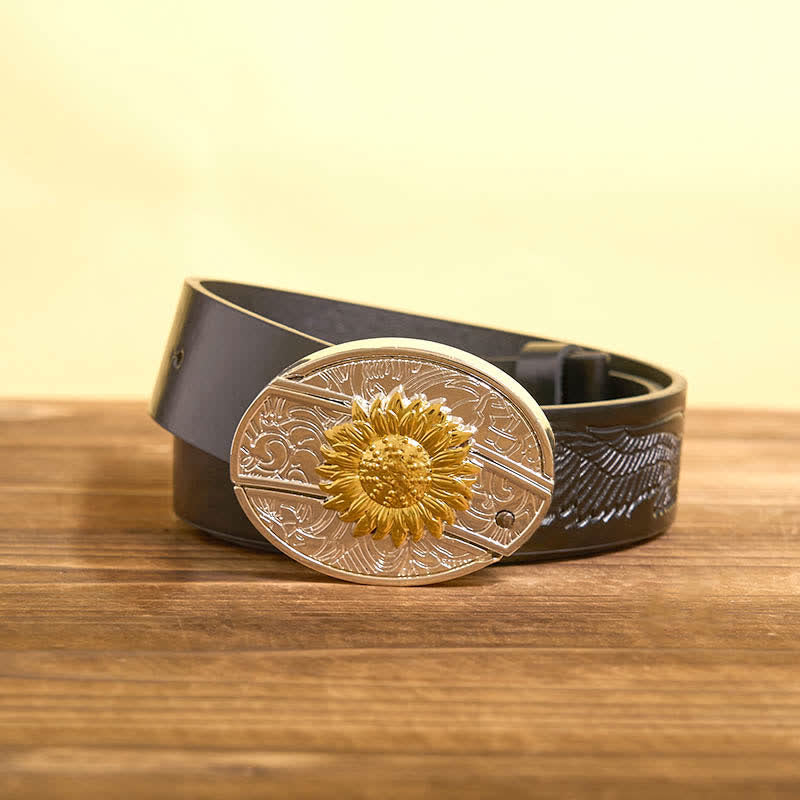 Cintura in pelle con coltello pieghevole nascosto con girasole in oro e argento fai da te da uomo - Girasole - Cintura con aquila in rilievo nera - 42 - image 4