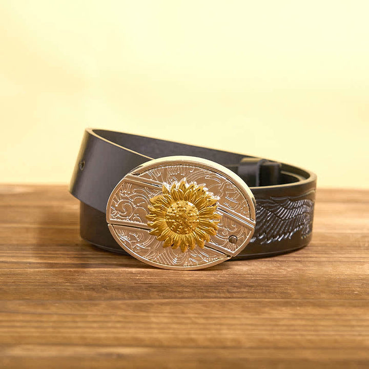 Cintura in pelle con coltello pieghevole nascosto con girasole in oro e argento fai da te da uomo - Girasole - Cintura con aquila in rilievo nera - 42 - image 4