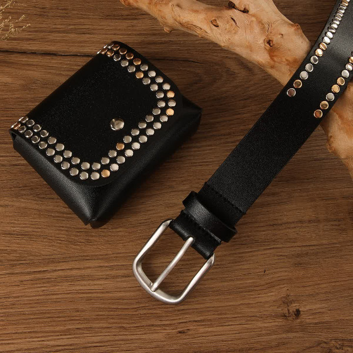 Cintura in pelle nera con rivetto punk da donna, 2 pezzi, con marsupio