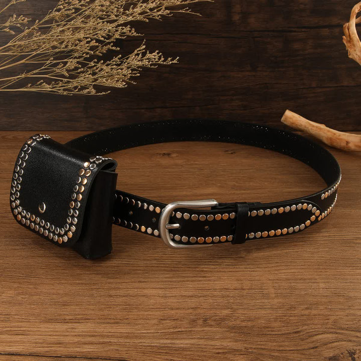 Cintura in pelle nera con rivetto punk da donna, 2 pezzi, con marsupio