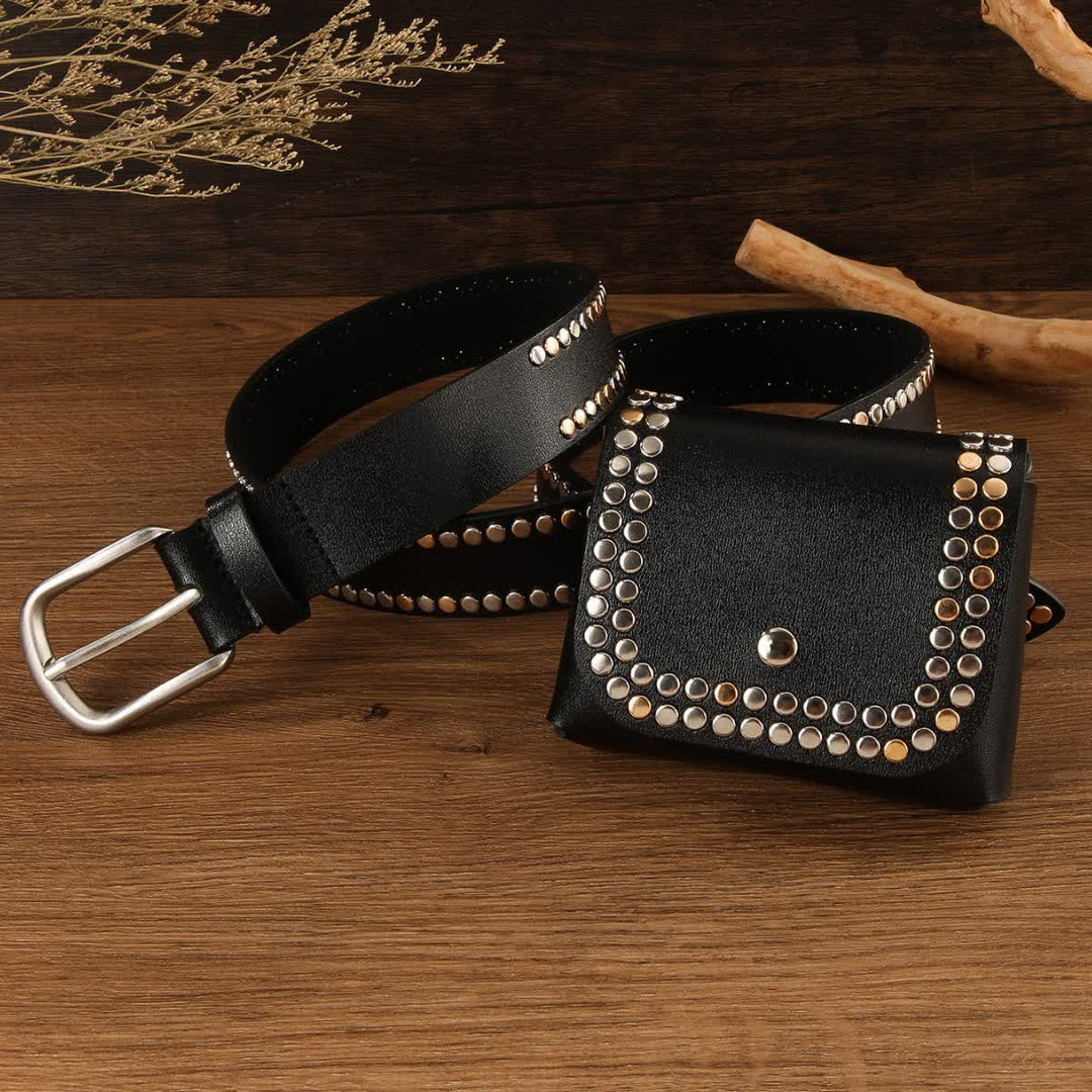 Cintura in pelle nera con rivetto punk da donna, 2 pezzi, con marsupio
