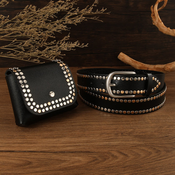 Cintura in pelle nera con rivetto punk da donna, 2 pezzi, con marsupio